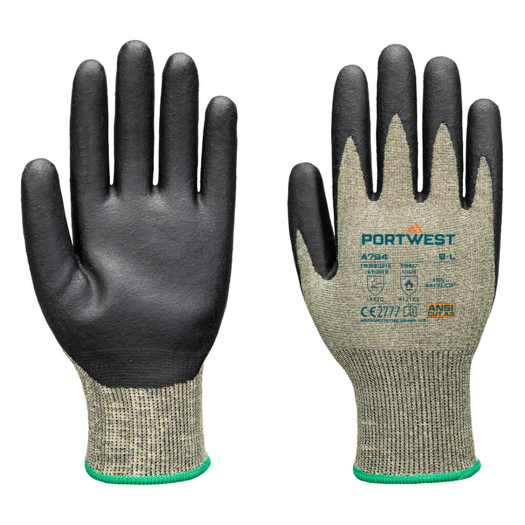 Portwest A784 – Arc Flash Grip 13E Seviye 3 Eldiven Yeşil/Siyah ASTM F2675/F2675M-23 Sınıf 2 12 cal/cm2 EN 407: 2020 4131XX EN ISO 21420: 2020 Beceri 5 EN 388 : 2016 + A1: 2018 PUNCTURE Level 3X43C