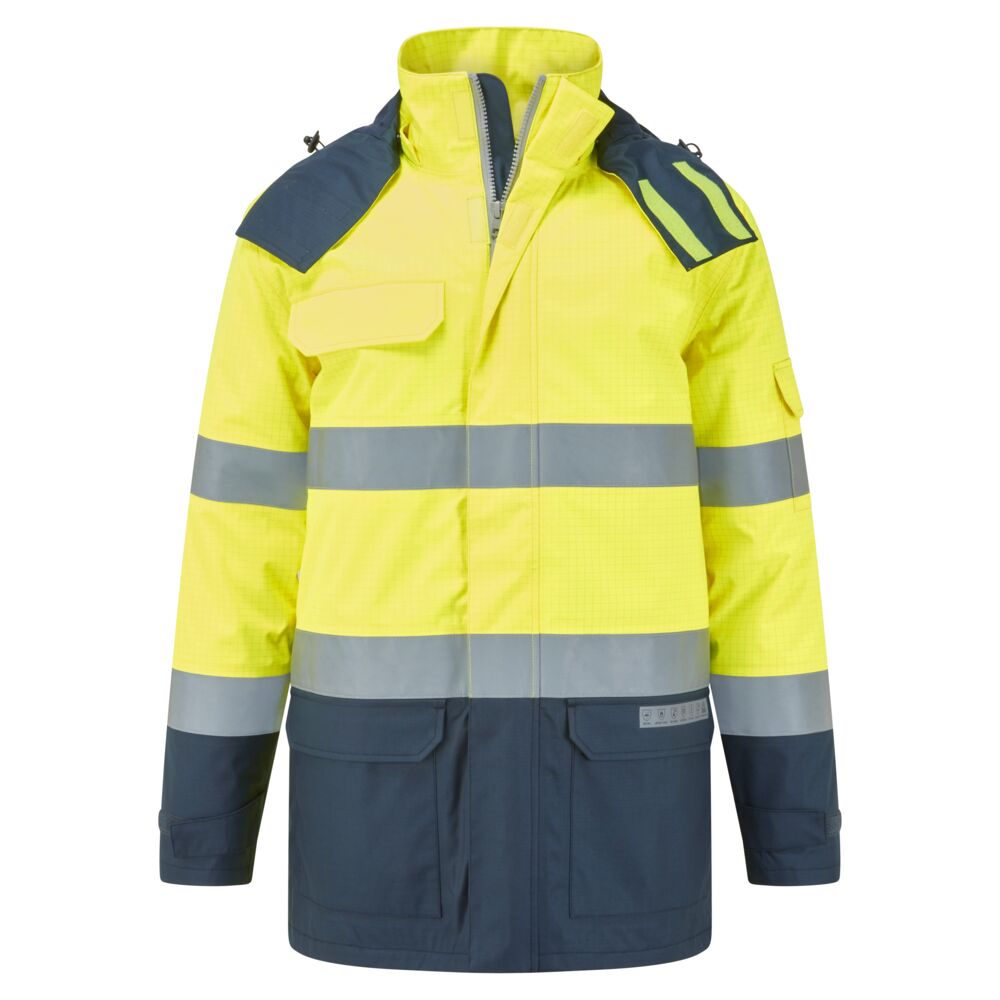Portwest FR617 – Bizflame Rain+ Hi-Vis Çok Normlu Kontrast FR Kışlık Ceket Sarı/Lacivert EN ISO 11612 A1+A2, B1, C1, F1 EN ISO 11611 Class 1 A1+A2 EN 1149 -5 IEC 61482-2 IEC 61482-1-1, ATPV 37 CAL/CM² ürün görseli