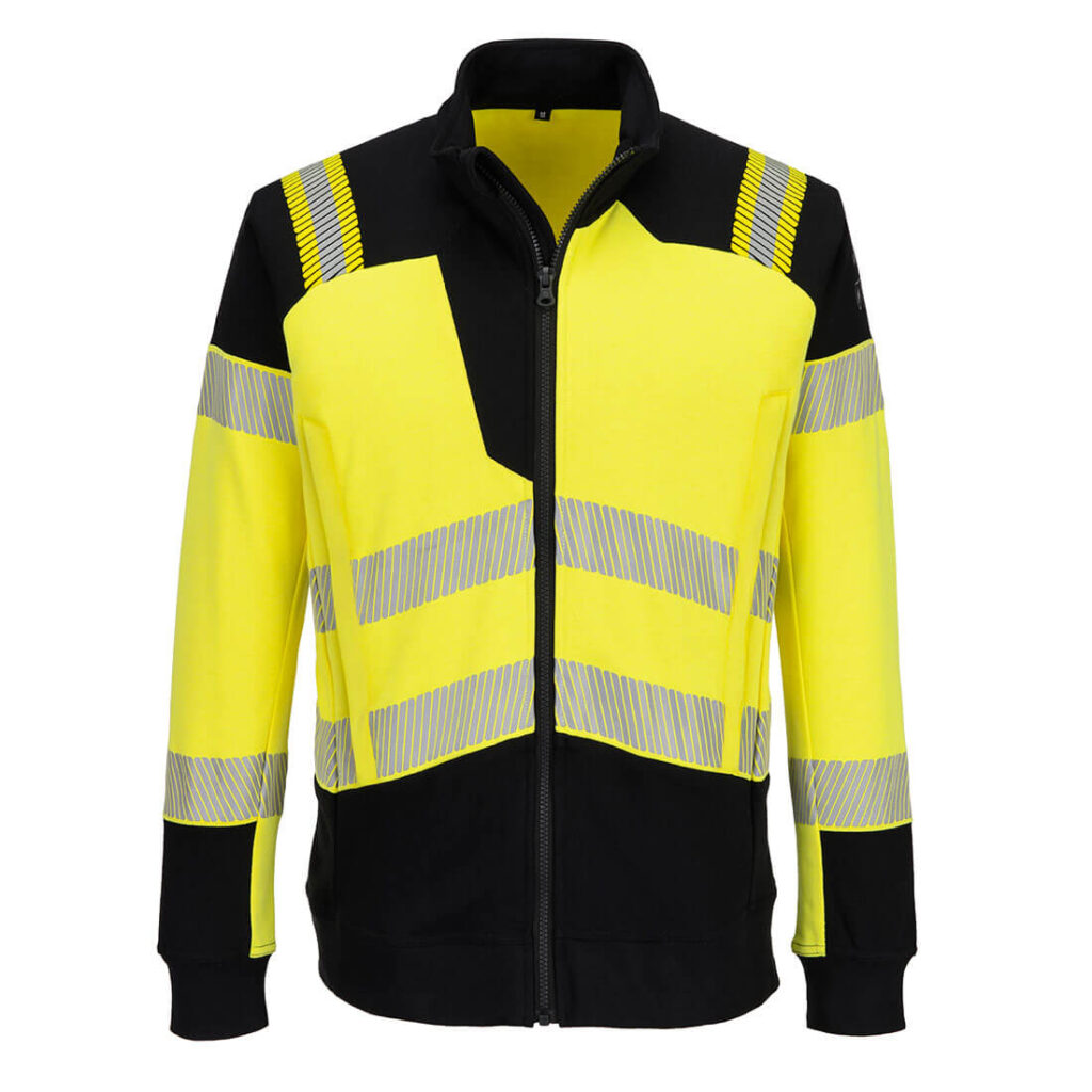 Portwest FR717 – PW3 Modaflame Örme Polar Hi-Vis FR Fermuarlı Sweatshirt Sarı/Siyah EN ISO 11612 A1, B1, C1, F1 EN 1149 -5 IEC 61482-2 IEC 61482-1-1, ATPV 15 CAL/CM² ürün görseli